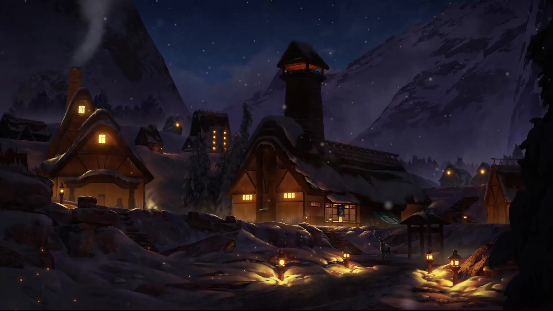 Зимняя ночь в деревне арт